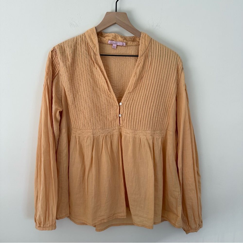 Calypso St Barth Peach Orange Gauze Smocked Long Sleeve Top, M